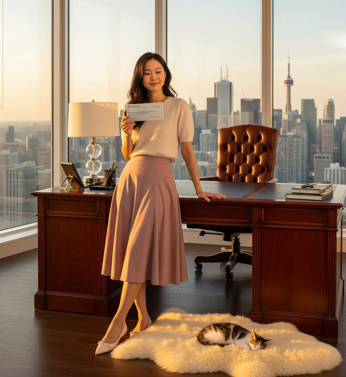 펜트하우스 오피스에서 세금 환급 수표를 보며 우아하게 미소 짓는 한국 여성