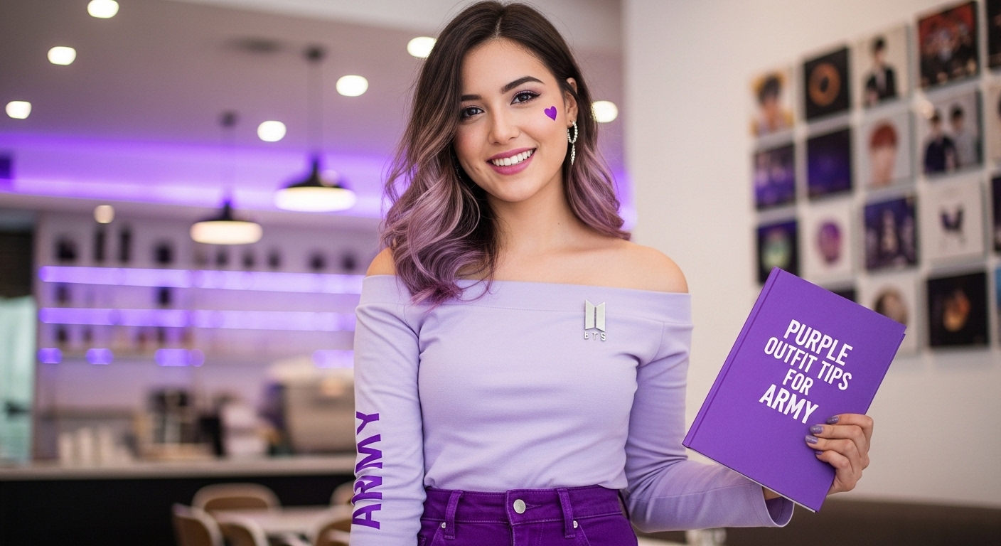 연보라색 후드티와 화이트 팬츠, 보라색 액세서리로 포인트를 준 세련된 아미 콘서트 룩