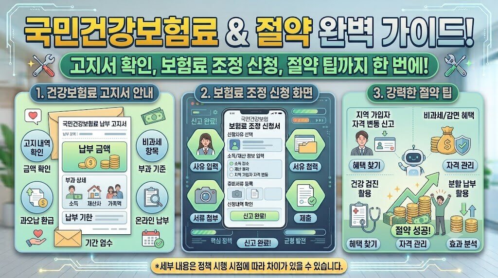 강보험료 고지서, 보험료 조정 신청 화면, 절약 팁 이미지