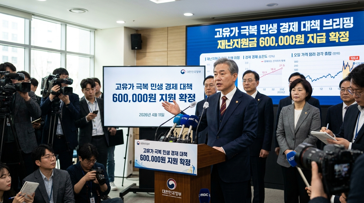 정부서울청사에서 발표된 6.1조 규모 고유가 피해지원금 지급 계획 및 국민 70% 대상 최대 60만원 지원 안내 이미지