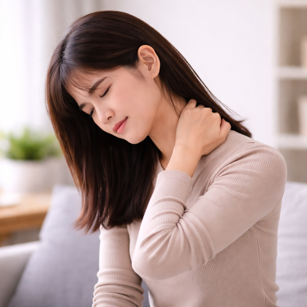 거북목으로 목 뒤와 승모근이 뻐근하고 뭉치는 증상을 표현한 이미지