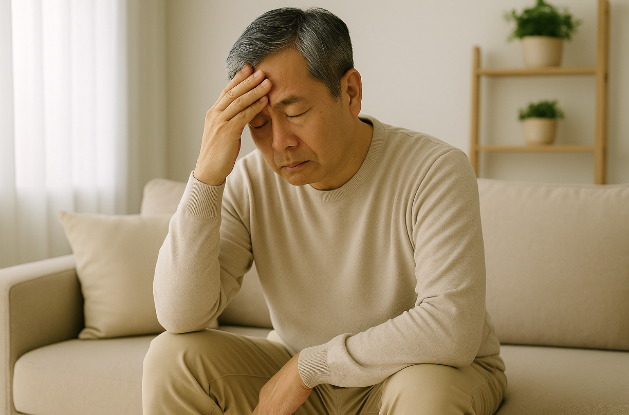 밝은 거실 소파에 앉아 이마를 짚고 있는 중년 남성