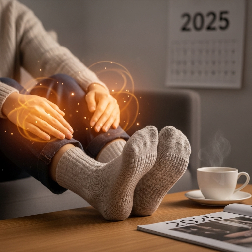 2025년 겨울, 따뜻한 기능성 양말과 온열기구로 수족냉증을 완화하며 편안하게 휴식하는 모습.