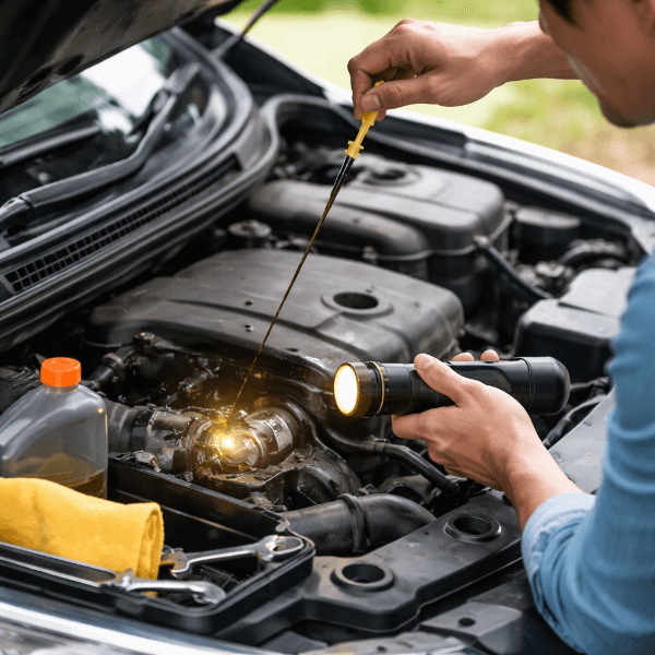 엔진오일 누유 상태를 점검하는 차량 정비 장면