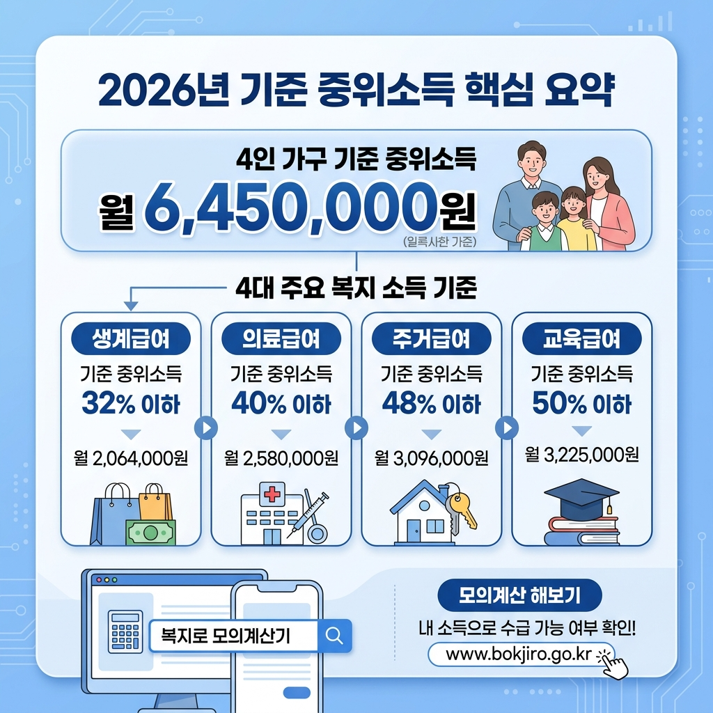 2026 기준 중위소득 급여 기준 요약 카드