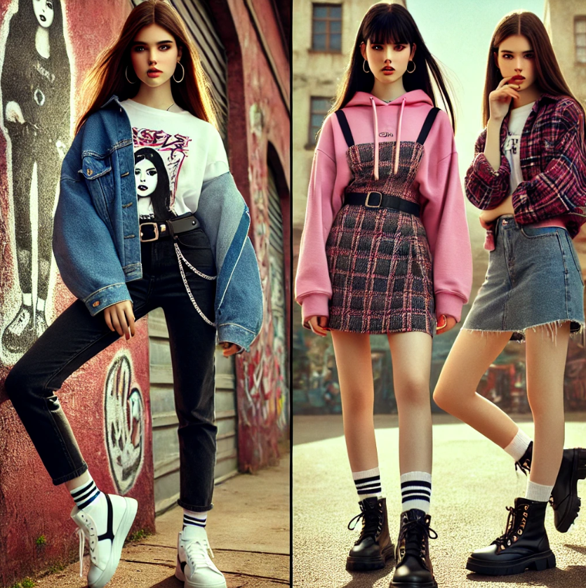 10대 여자이들이 자기들만의 패션을 뽐내고 있다