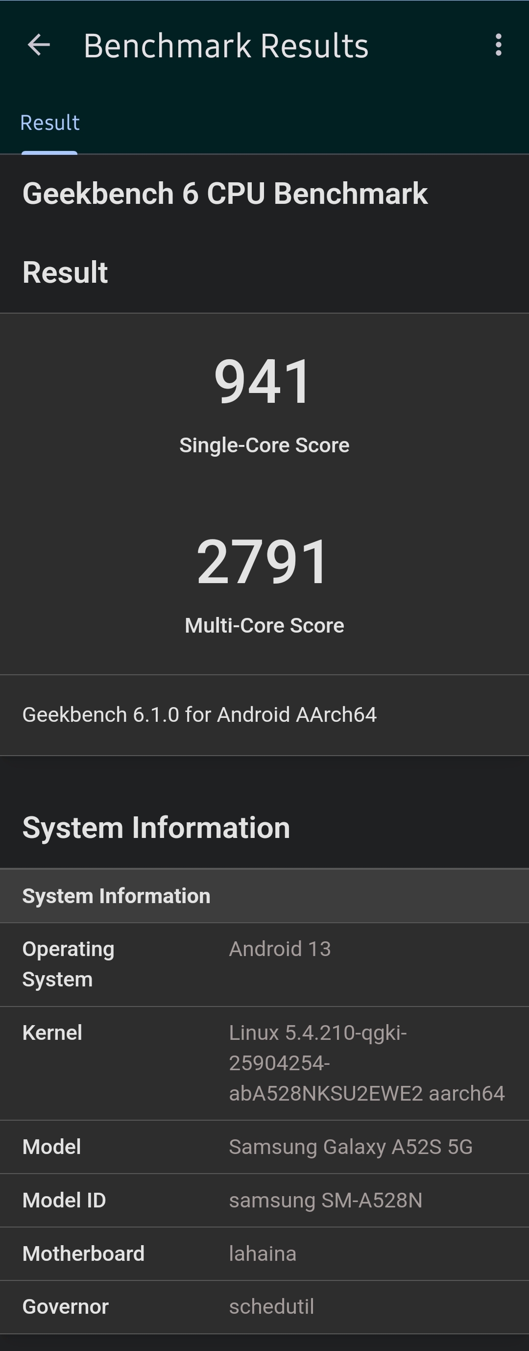 갤럭시 A52s 긱벤치6 싱글 멀티 점수