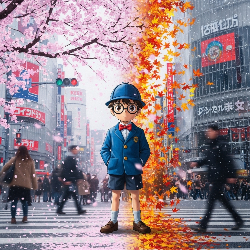 벚꽃과 눈보라가 동시에 휘몰아치는 거리, 30년째 여전히 7살인 소년 탐정이 시계를 들고 서 있다.