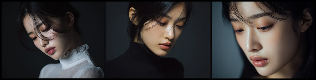 감성 포트레이트, 고개를 숙이고 아래를 응시하는 한국 여성 모델, 내면의 깊이와 사색적인 무드 이미지_Midjourney