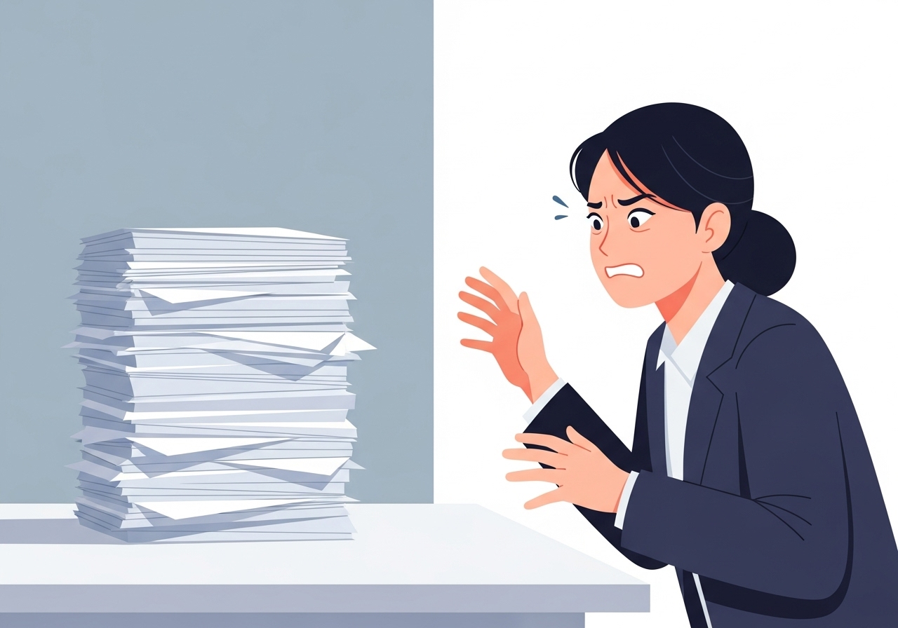 쌓인 문서에 기겁하는 여성 직장인 일러스트