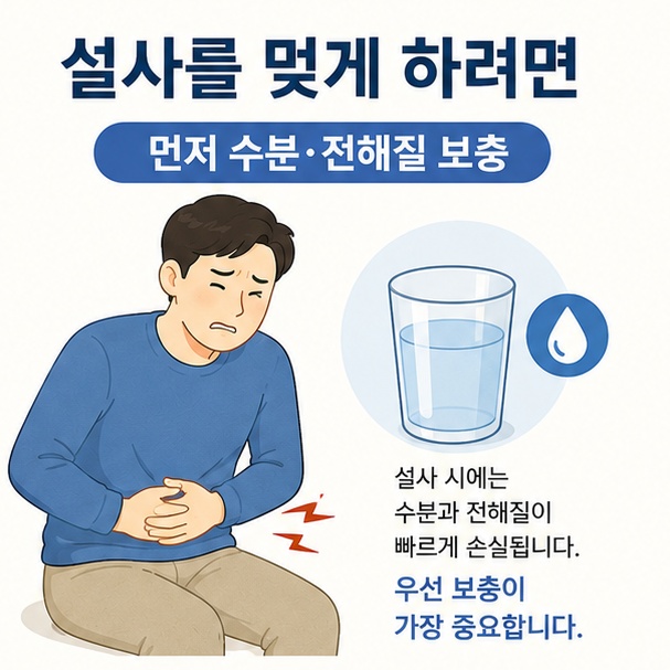 설사를 할 때 가장 먼저 물과 전해질을 충분히 보충해 탈수를 예방해야 함을 설명한 이미지
