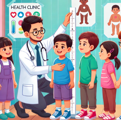 병원에서 의사 선생님과 키를 측정하고 있는 남자 아이의 모습