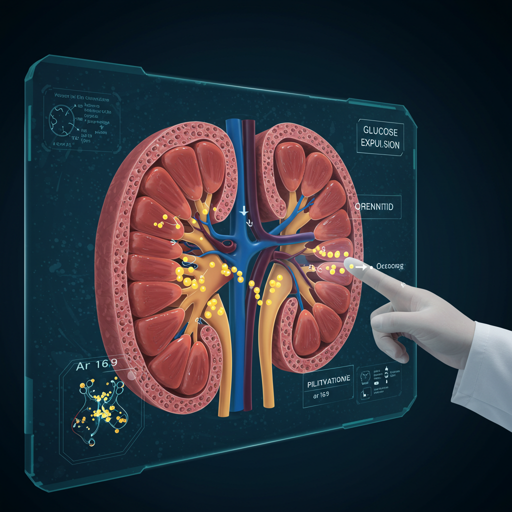 SGLT-2 억제제가 신장에서 포도당을 배출시키는 원리를 설명하는 인포그래픽