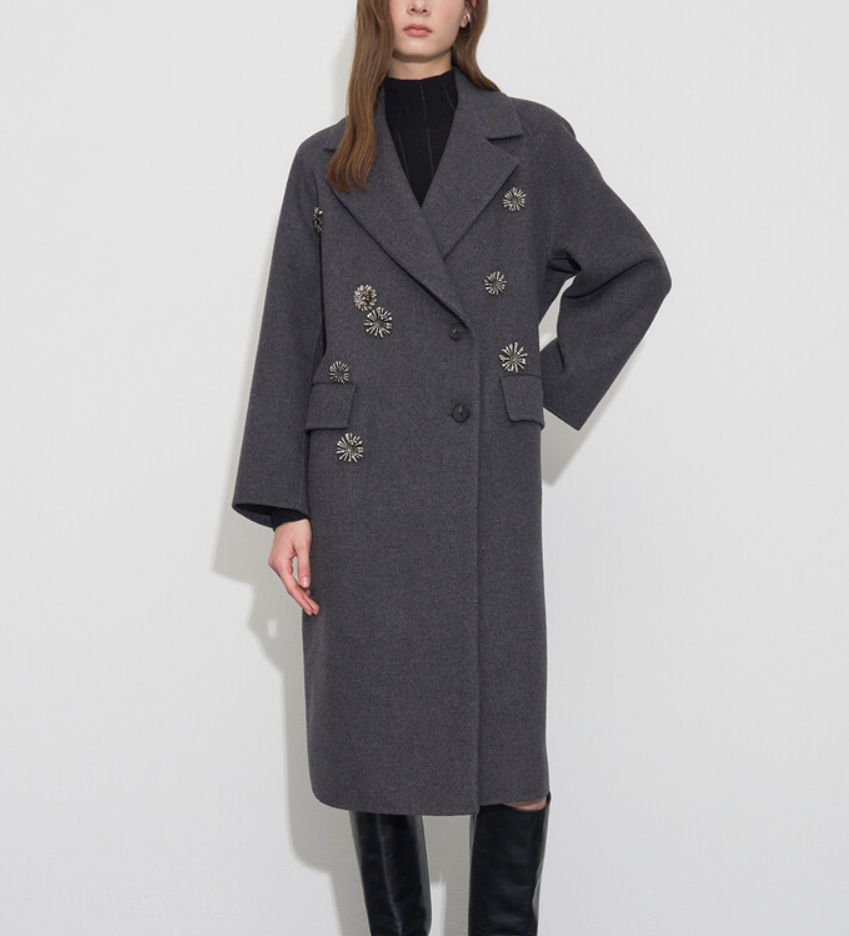 화려한 날들 33회 이태란 코트 - 회색 그레이 메탈 플로럴 브로치 코트