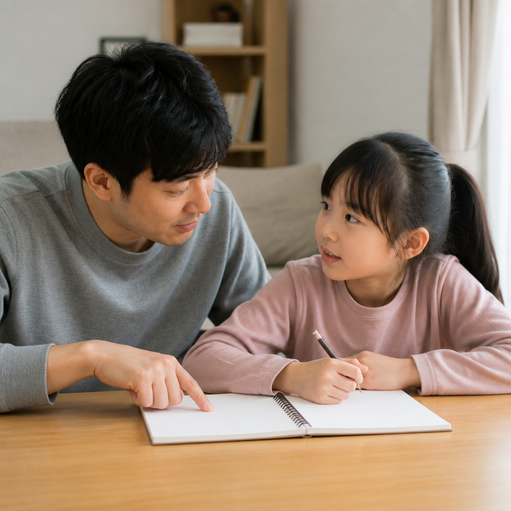 숙제 시작 전 부모와 아이가 공책을 보며 대화하는 모습