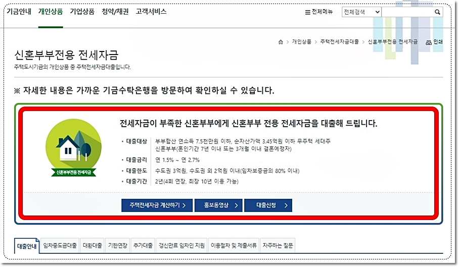 신혼부부 전세자금대출 대출안내사항