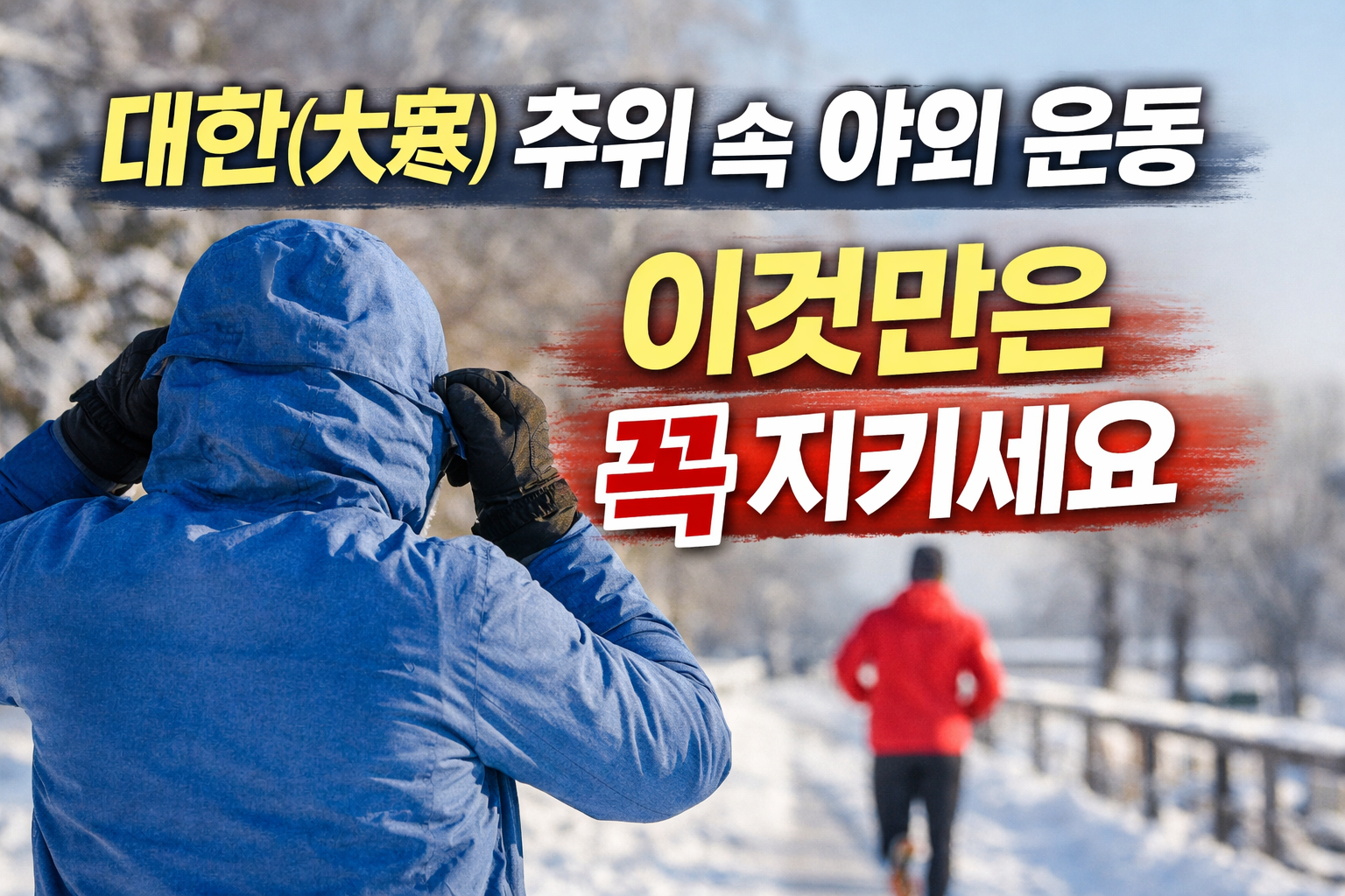대한 한파 야외 운동 실사 이미지, 영하권 추위 속 겨울 야외 운동과 혈압 상승 위험을 설명하는 사진
