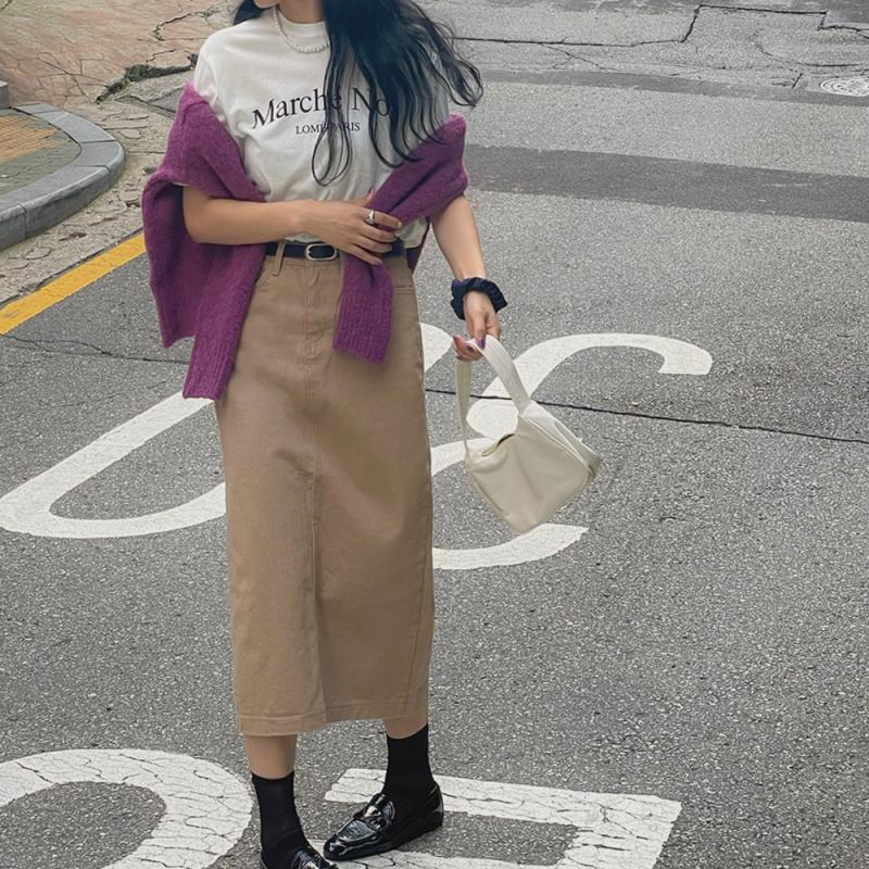 베르 H라인 봄 히든밴딩 코튼 베이지 카키 검정 트임 롱 스커트