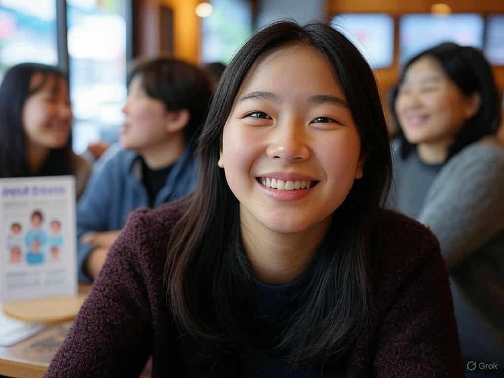 무료이벤트로 활짝 웃고있는 젋은 여자