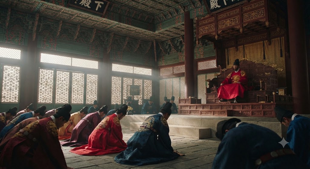 조선시대 경복궁 근정전을 배경으로 한 사극 드라마 촬영 현장과 같은 스틸컷. 왕이 앉는 용상(龍床)이 보이고, 근엄한 표정의 왕이 정무를 보고 있다. 신하들은 전각 아래 넓은 마당인 품계석 주변에 엎드려 왕을 향해 "주상 전하"를 부르고 있다. 황제의 '폐하'와 구분되는, 조선의 최고 통치자를 가리키는 공식 경칭의 공간적 무게감을 표현했다.