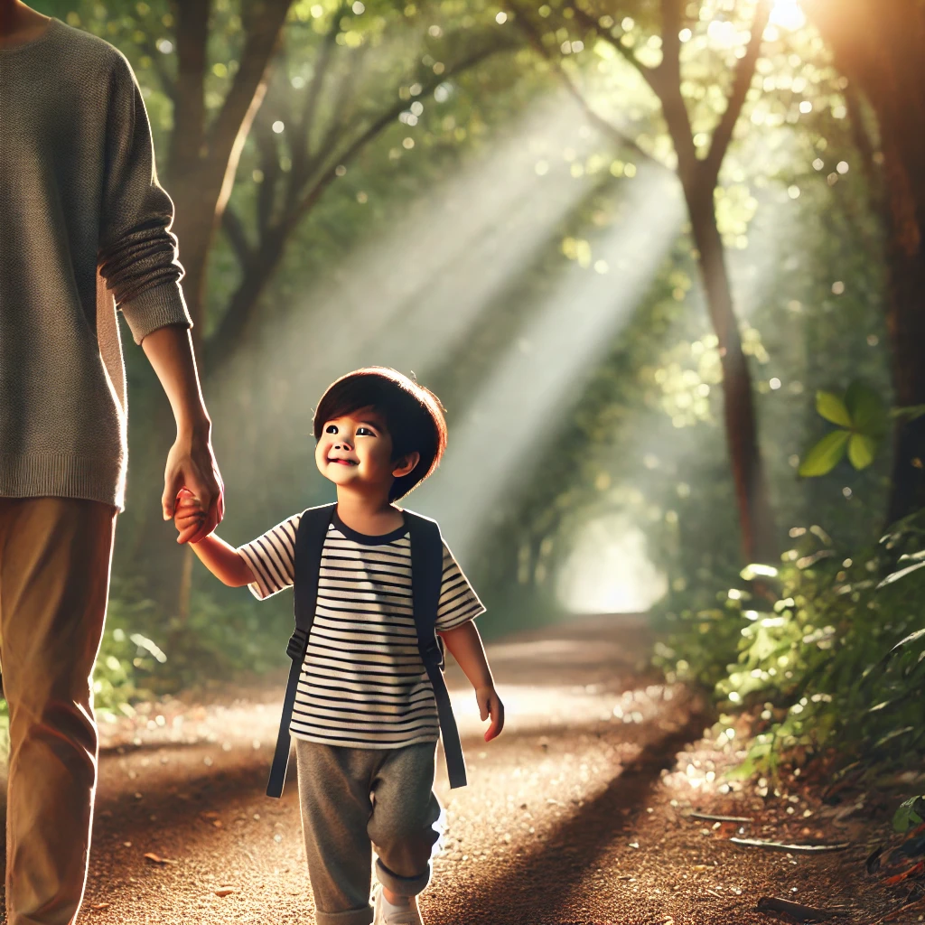 5살 정도 된 한국 아이가 부모님의 손을 잡고 숲 속 조용한 길을 걸으며 신뢰와 기쁨이 담긴 미소로 위를 바라보는 모습, 나뭇잎 사이로 비치는 부드러운 햇살