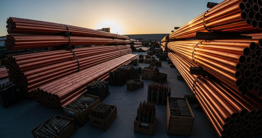 구리 소재와 탄약이 함께 배치된 산업 현장 이미지