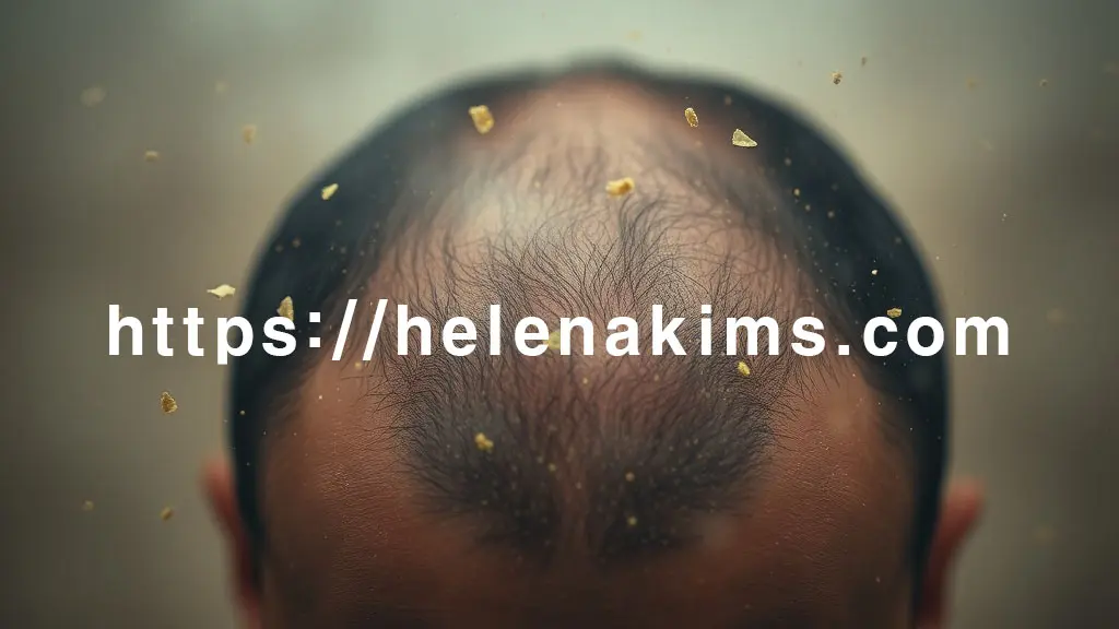 뿌연 미세먼지, 황사가 공중에 떠다니는 배경. 화면 중앙에는 미세하게 붉어지고 예민해진 두피 표면 모습.