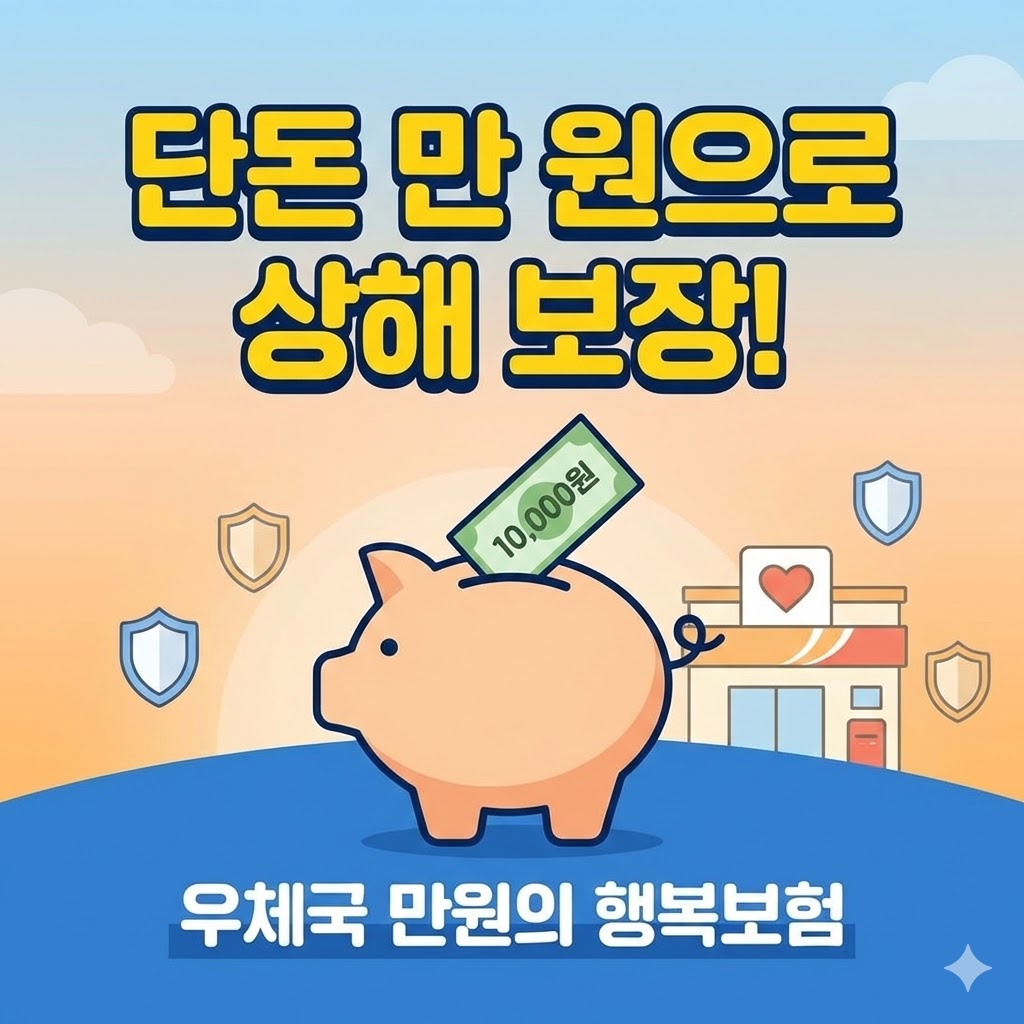 2026년 우체국 만원의 행복 보험 가입 대상(기초수급자, 차상위), 본인부담금 1만원, 상해 사망 및 입원/수술 보장 내용과 만기 시 1만원 환급 혜택을 요약한 정보성 인포그래픽 이미지