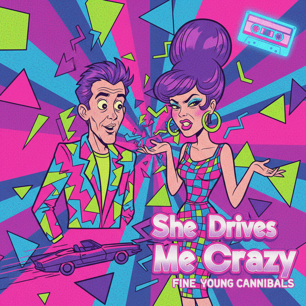 Fine Young Cannibals의 'She Drives Me Crazy' 노래 분위기를 담은 레트로 팝 아트 스타일의 남녀 이미지. 강렬한 색감과 80년대의 향수가 느껴지는 디자인.