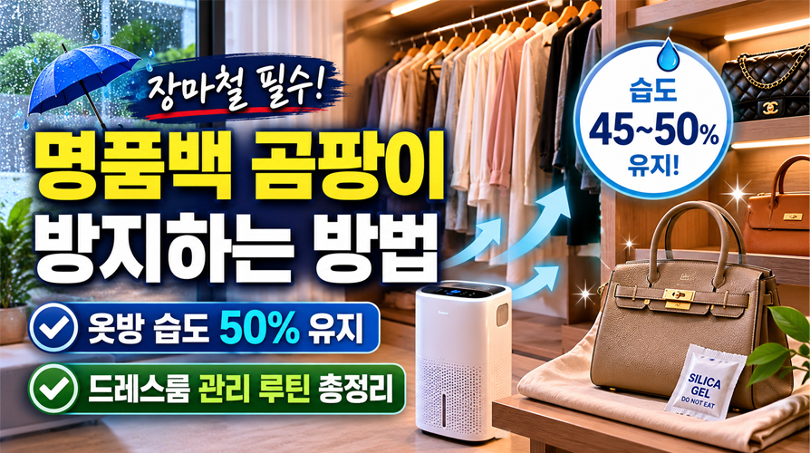 장마철 드레스룸에서 명품백과 고급 의류를 안전하게 보관하기 위한 습도 45~50% 관리법을 설명하는 이미지. 서큘레이터와 실리카겔, 더스트백을 활용한 곰팡이 예방 방법과 의류 보관 환경을 시각적으로 표현했습니다.