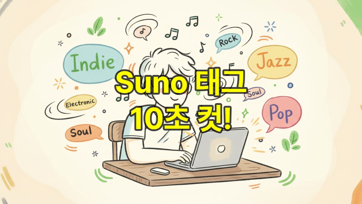 Suno AI 음악 생성을 돕는 수노트 도구를 사용하는 창의적인 모습의 손그림 일러스트