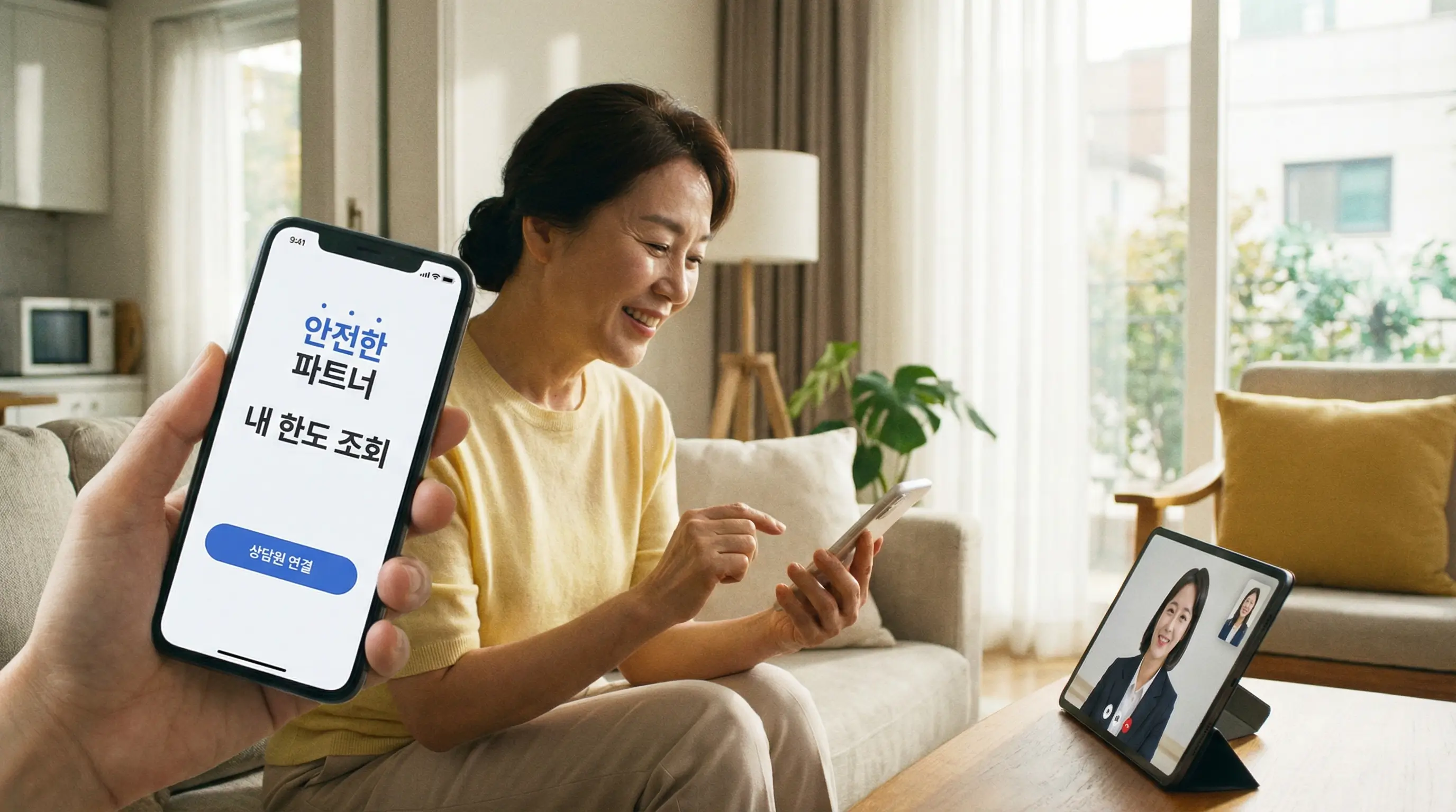 안전한 대출 비교 플랫폼을 통해 내 한도를 조회하고 상담원과 연결되는 긍정적인 모습