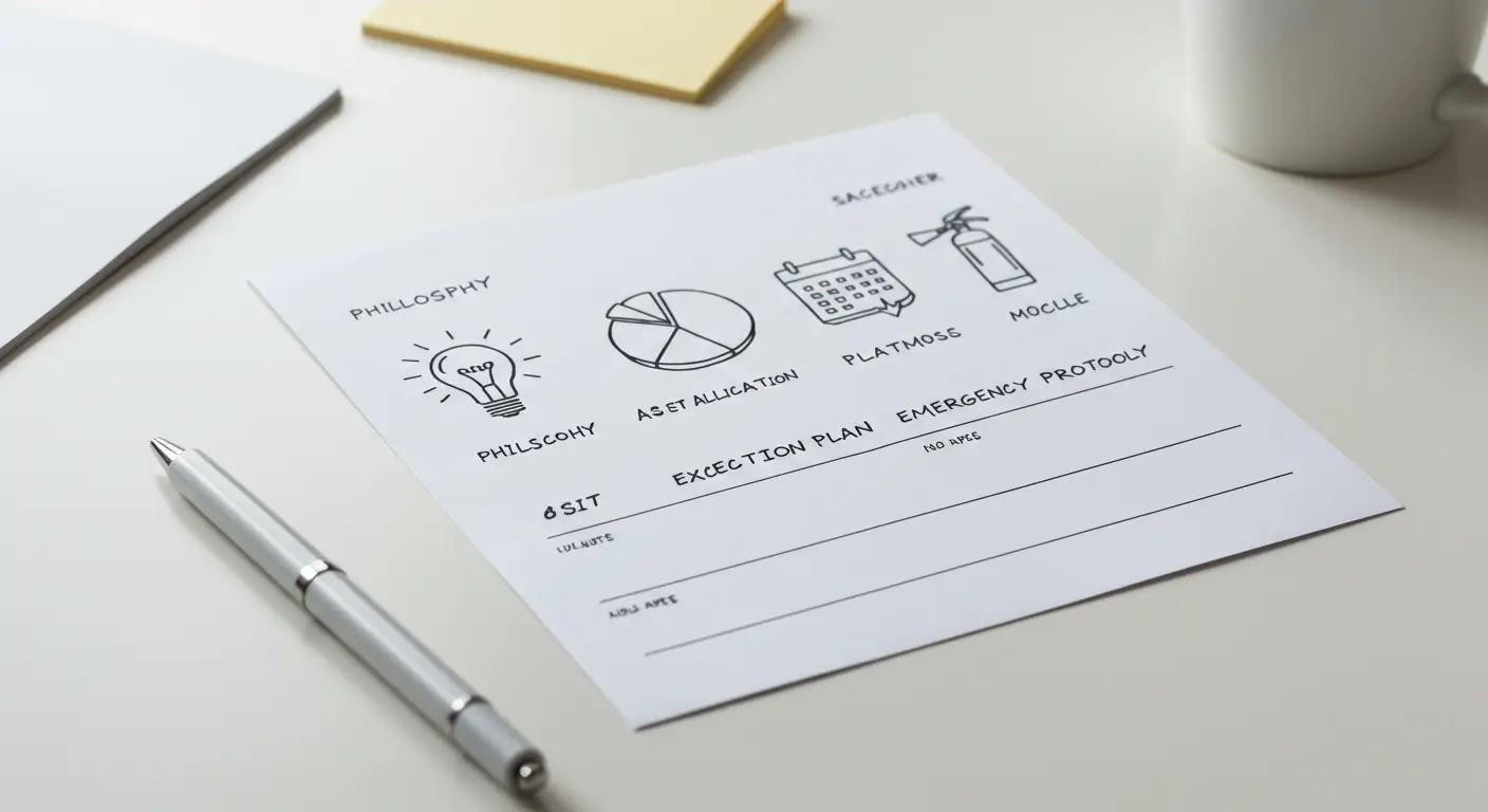 투자 철학 및 목표, 자산배분 전략, 실행 계획, 비상 상황 행동 강령으로 구성된 IPS 템플릿