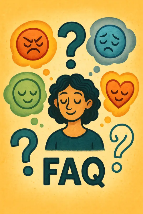 물음표 아이콘과 함께 분노, 슬픔, 평화, 수용 등의 감정을 상징하는 아이콘이 조화롭게 배치된 팀 버튼풍 FAQ 안내 일러스트
