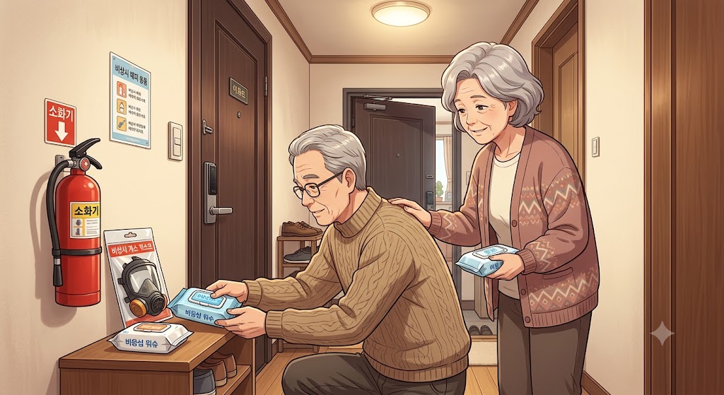 현관에 비치된 소화기와 비상용 방독면을 확인하는 부부의 모습
