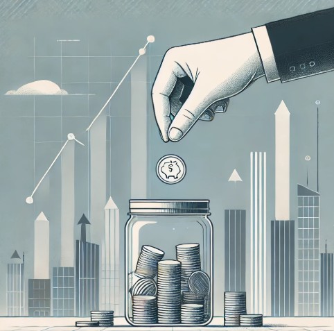 상가와 그래프가 겹쳐져서 원근감 있게 그려지고 근거리에는 저금통에 동전을 넣는 사람 손이 있는 그림