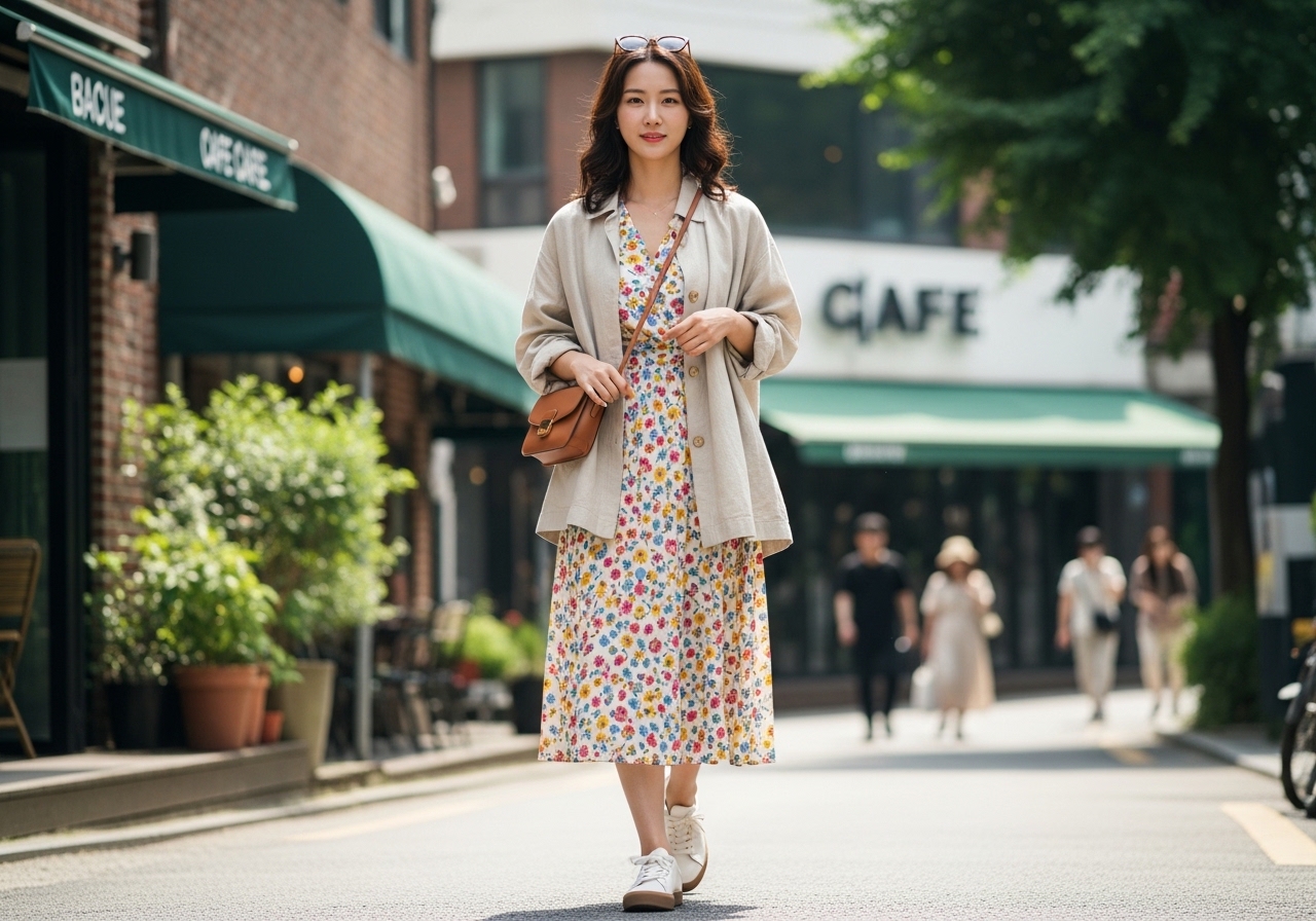 Korean woman wearing floral dress layered with oversized linen jacket, summer street fashion, Seoul cafe district background, natural daylight, 2026 fashion trend, chic casual style