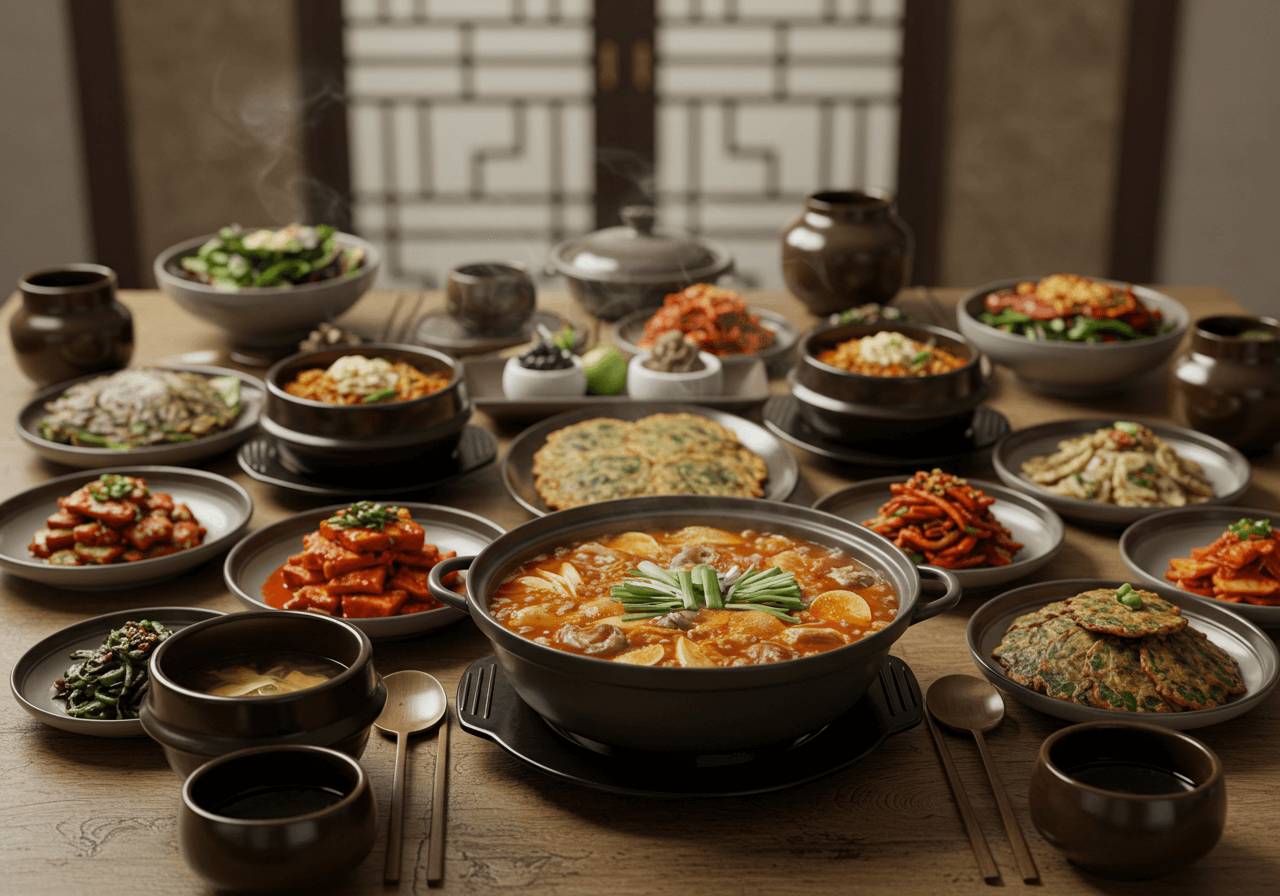 조선시대 궁중 수라상을 재현한 전통 밥상 이미지, 중앙에는 국물이 풍성한 보양탕