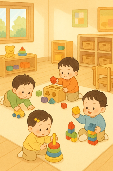 어린이집에서 장난감을 가지고 노는 0~2세 아이들 모습