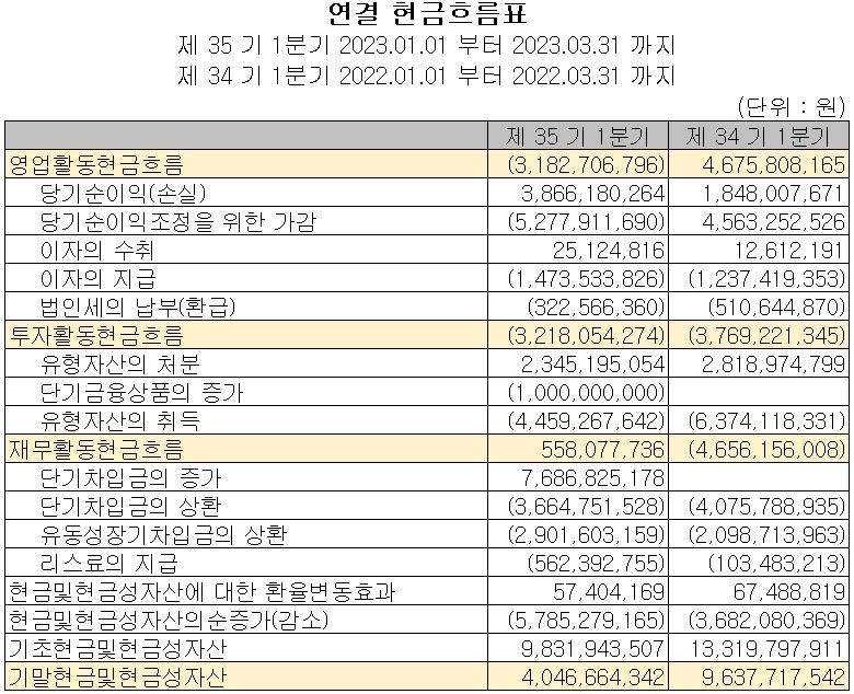 세코닉스 - 현금흐름표