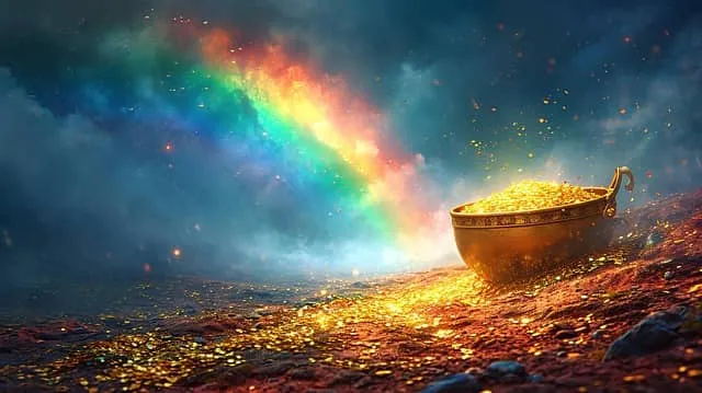 트론 코인을 무지개 아래 금괴로 비유한 이미지.