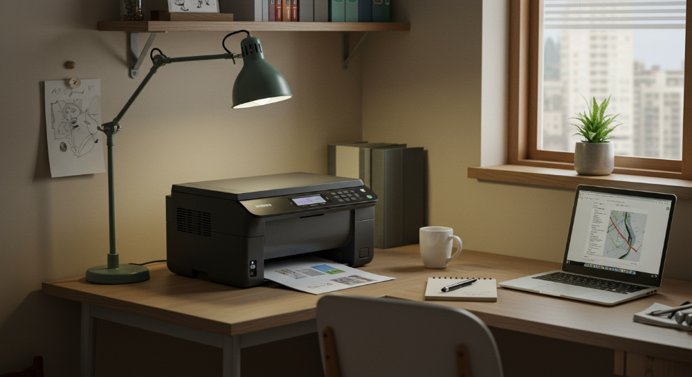 2025년 소형 레이저프린터, 좁은 공간에 최적화된 컴팩트 디자인과 효율적인 기능성을 강조하는 모습. 현대적인 홈오피스나 원룸에서 깔끔하게 배치된 프린터와 노트북, 작은 식물들이 어우러진 장면.