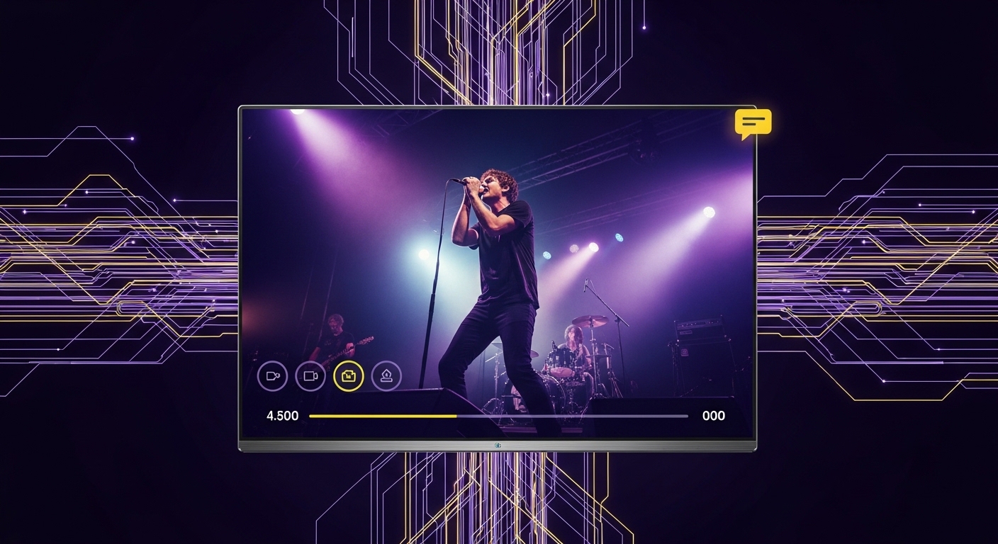 넷플릭스 4K HDR 라이브 스트리밍 기술을 보여주는 화면, 여러 카메라 앵글과 데이터 흐름이 시각화된 미래지향적인 디자인.