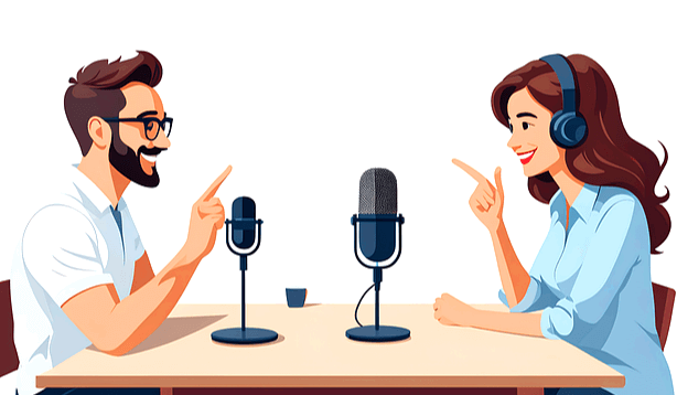 백인 남자와 여자가 탁자에 마주 앉아 서로 대화를 하고 있다.