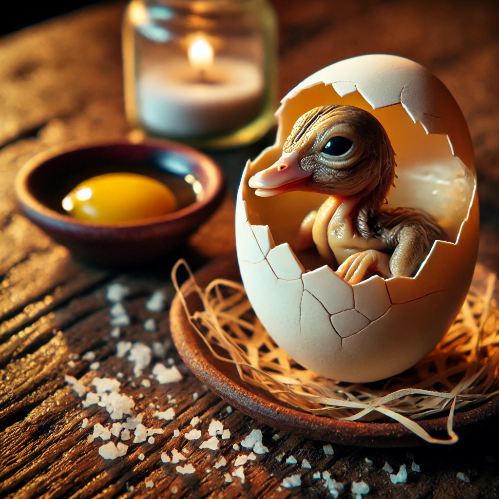 질이 깨진 달걀 속에서 부분적으로 발달한 오리 배아가 보이며, 곁들여 먹을 소금과 식초가 함께 놓여 있습니다.