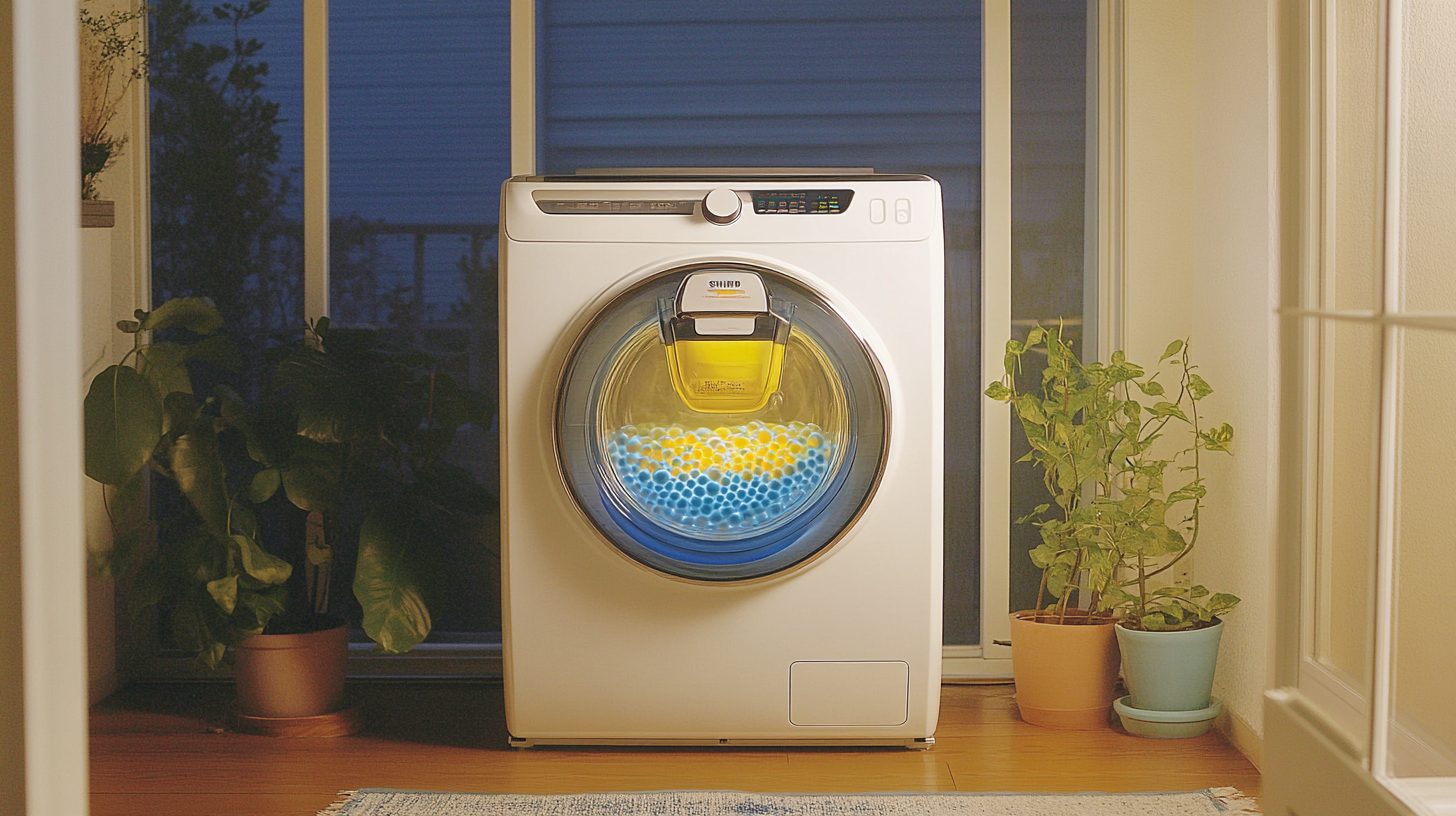 미래지향적인 디자인의 에코버블 기술이 적용된 삼성 세탁기가 현대적인 스타일로 세탁실에 잘 어우러지는 모습을 보여줍니다.