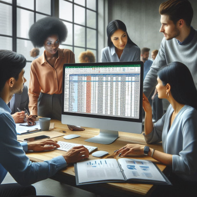 스프레드시트를 보고 있는 여러 사람이 모인 회의 장면.