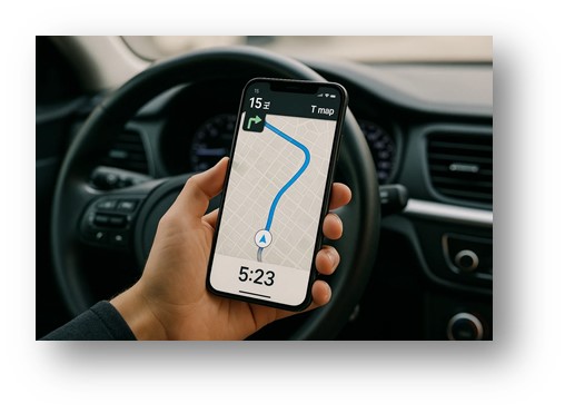자동차를 운전하면서 길찾기를 위해 T맵을 활용하고 있는 모습