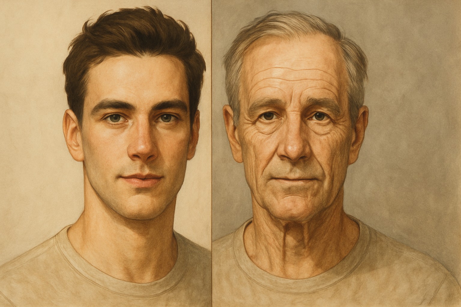 같은 인물의 젊은 얼굴과 나이 든 얼굴을 비교한 이미지, 시간이 흐르며 얼굴에 쌓인 경험과 깊이를 표현