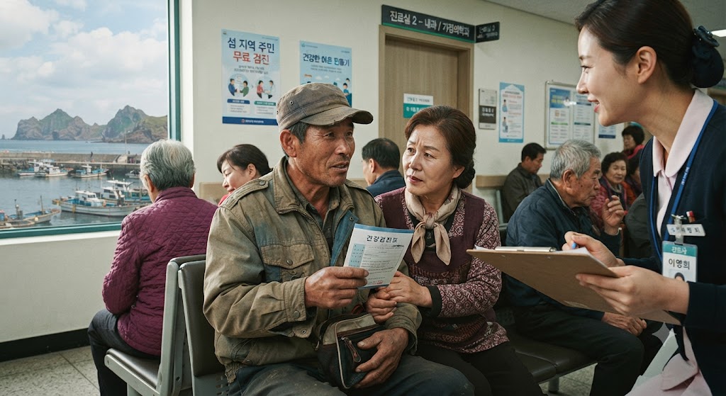 섬에 살고 있는 주민이 검진받으러 온 모습